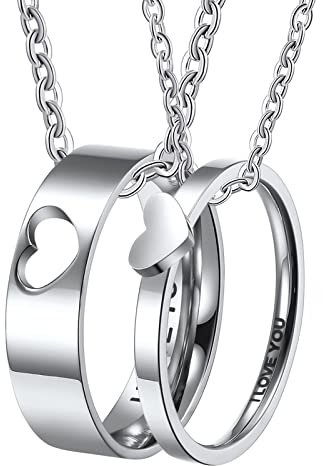 BCughia Partner Ketten mit Ring, Partnerketten mit Gravur Silber Halskette Personalisiert Passender Herzring „Ich Liebe Dich“. Halsketten für Frauen