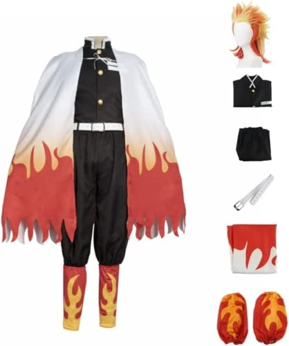 Rcrllya Anime Demon Slayer Rengoku Kyoujurou Outfit Cosplay Kostüm Zubehör Anzug Uniformen Kostüme Perücke Party Geschenk (L,Set Perücke)