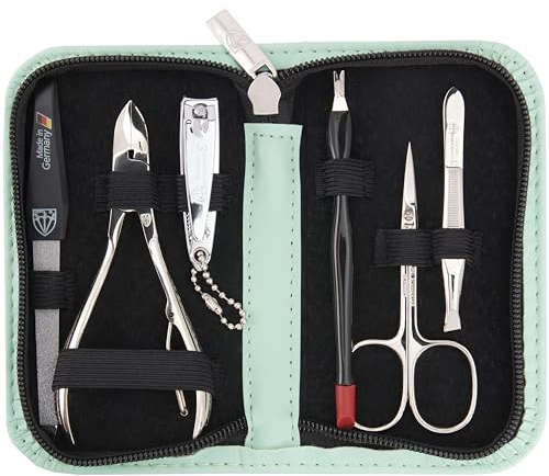 DREI SCHWERTER - Germany 6-tlg. Maniküreset 'Torino' | Nagelpflegeset im Kunstlederetui mint | Inhalt: Hautschere, Nagelknipser, Nagelzange, Pinzette, Saphirnagelfeile, Nagelhautentferner