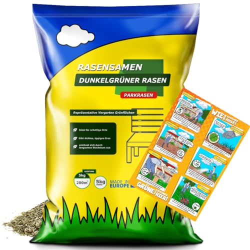 ARPON Rasensamen 5kg exklusiv dunkelgrün – Schnellkeimend Saatgut für 200m² – Grassamen für Schattenrasen - Rasensaat für unkrautfreien Garten – Grassaat für Neuansaat & Nachsaat – Rasen für Frühling