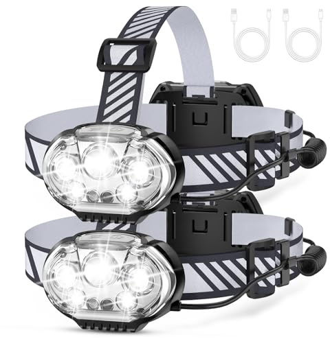 MIOISY Rechargeable Headlamp, High Lumen 5 LED Head Lamp with Red White Light,IPX4 Waterproof Headlight,8 Mode Head Flashlight for Outdoor Running Hunting Fishing Hiking Camping Gear-2Pack