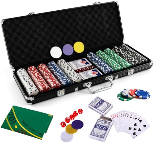 HOMASIS Pokerset mit 500 Chips, Poker Koffer mit 2 Kartendecks, 5 Würfel, Kasino-Matte, 3 Dealer Button, abschließbar Pokerkoffer Profi aus Alu, Komplettes Poker Set Pokerkarten für Partys (Schwarz)