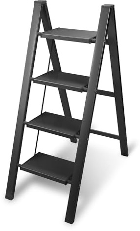 Joparri Aluminium trappstege, 4 stegs stegpall, fällbar aluminiumstege, halkfri ståstege, liten och kompakt, kan belastas upp till 150 kg för hushåll/kontor/bärbar lagerhylla (svart)