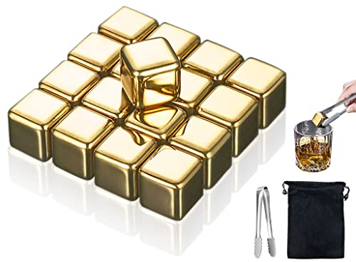Kellegour Cubitos de Hielo Acero Inoxidable,16 Piezas Cubitos Hielo Reutilizables Acero Inoxidable Oro,Cubitos de Hielo Reutilizables + Abrazaderas e Bolsa,para Whisky,Vodka,Licor,Vino,Jugo de Bebida