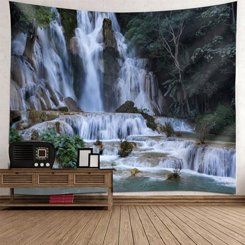 Mesnt Tapisserie Landschaft, Dunkelgrüne weiße Wasserfalllandschaft Wandteppiche Wandkunst für Schlafzimmer Wohnzimmer, 210x140cm