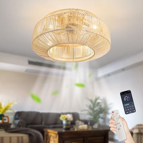 Deckenlampe bambus Deckenventilator Mit Beleuchtung Und Fernbedienung Leise Fan Deckenleuchte 6-Gang Reversibler Deckenlampe Rattan Lightswing Hängelampe Rattan Schlafzimmer Lampe Wohnzimmer Küche