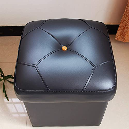 Generisch Fußstütze Ledergepolsterter Würfel-Pouf-Ottomane, Pouf-Fußhocker, Massivholz-Leder-Wohnzimmer-Couchtisch, kleine Bank, schwarz, 37 x 37 x 45 cm (15 x 15 x 18 Zoll)