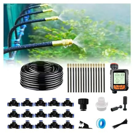 New drip Irrigation kit, Automatic Garden Watering System, Quick Connector and 360-degree Bending Dropper atomizing Copper Nozzle, Garden Plant Lawn Courtyard Watering System. (Timer)
