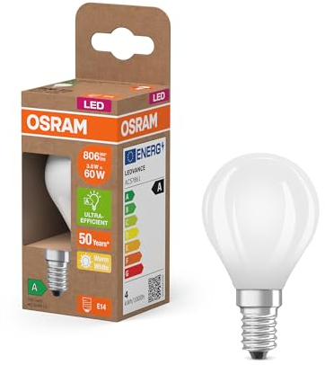 Osram Energy Class LED-Lampe in klassischer Miniballform, 3.8 W / 806 lm, EEK A, warmweißes Licht (2700 K), CRI 80, aus gefrostetem bleifreiem Glas, E14 Sockel, IP20, 45 mm Durchmesser.
