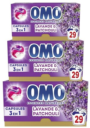 OMO Lessive Liquide Capsules 3 en 1 J'ai rêvé du Sud, 87 lavages | Lavande et Patchoulli, Lessive liquide en capsules aux essences naturelles, propreté éclatante, testée dermatologiquement