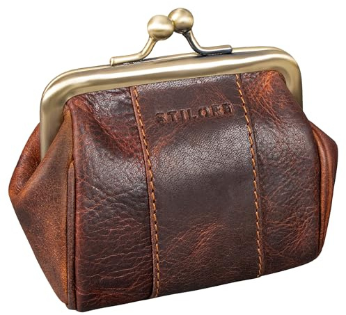 STILORD Dolly Echt-Leder Geldbörse Damen Retro Klein Elegant - Vintage Spangenportemonnaie Leder Münzbörse für Frauen - Kiss-Lock Münzbeutel mit clic-clac Verschluss Farbe:Kara - Cognac
