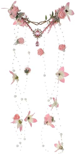 MOSTORY Rosa Blumenkranz Waldelfen Kopfschmuck für Renaissance Accessoires, Waldfee Haarschmuck mit Quasten für Frauen Cosplay Fantasy Fotoshooting Karneval