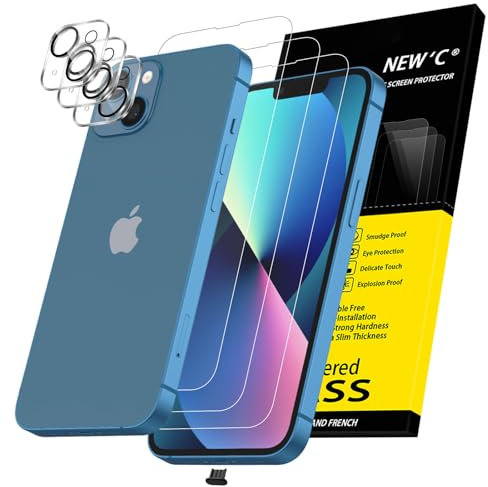 NEW'C 3 x Pellicola Vetro Temperato per iPhone 13 (6,1 Pollici) e 3 x Pellicola Vetro Protettiva Fotocamera Posteriore +Tappo Antipolvere - Vetro Durezza 9H - Ultra resistente - Trasparente HD