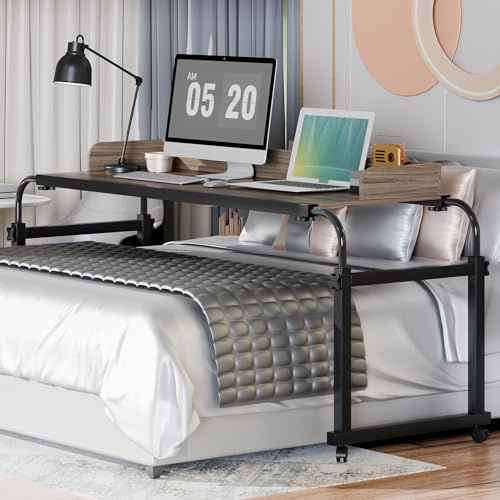 CUSROS Rollbettschreibtisch mit Schallwand, Getränkehalter, höhenverstellbar, Schreibtisch für Bett