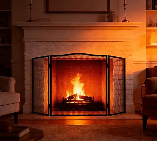 Kingson 3-Panel Arched Fireplace Screen – Black Wrought Iron Spark Guard – Foldable Fire Safety Screen with Decorative Mesh – 96.5 x 61 cm
