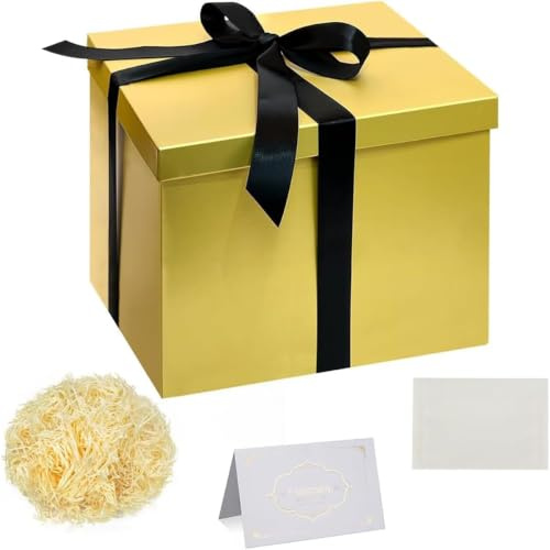 Geschenkbox mit Schleife und Deckel, 23x23x18 cm Hochzeit Geburtstag Valentinstag, Elegante Geschenkbox mit Band,Großes Fassungsvermögen für Geschenke,Gold