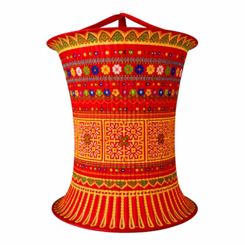 Asiatische Stofflaternen, Lampions im Ethno-Stil, Handgefertigte vietnamesische Lampions aus Brokatstoff, Hochzeitsdeko, Deko für zu Hause und Garten (Rot)