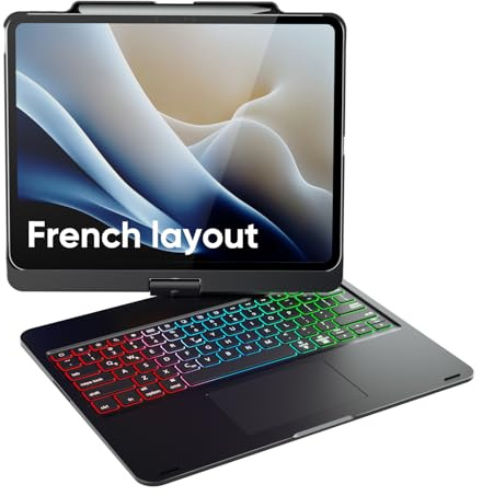 doqo Étui avec Clavier pour iPad Air 13 M3/M2,Pro 13 (M4),Pro 12.9 (6e/5e/4e/3e génération) 360° Rotatif avec touchpad et rétroéclairage 7 Couleurs
