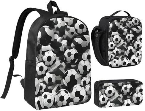 LXqlSS Mochila con estampado de balón de fútbol blanco y negro para uso diario, juego de 3 mochilas con lonchera y estuche para lápices
