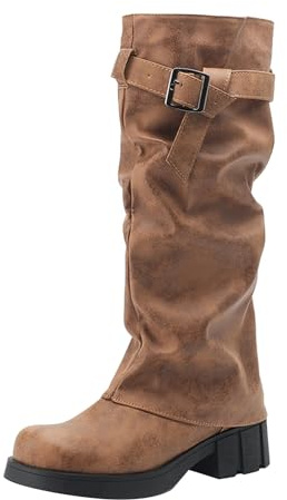 Ridstövlar dam bred vad, cowboystövlar dam höga västerländska stövlar platåstövlar med blockklack vandringskängor bältesspänne traditionell stövlar cowgirl stövlar övergångsstövlar, GUL, 38 EU