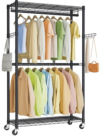 SONGMICS Heavy-Duty Rolling Clothes Rack, Garment Rack, Portable Closet on Wheels, with Adjustable Mesh Shelves and Hanging Rails, Hooks, 15.8 x 35.4 x 78.3 Inches, Ink Black ULGR416BH01