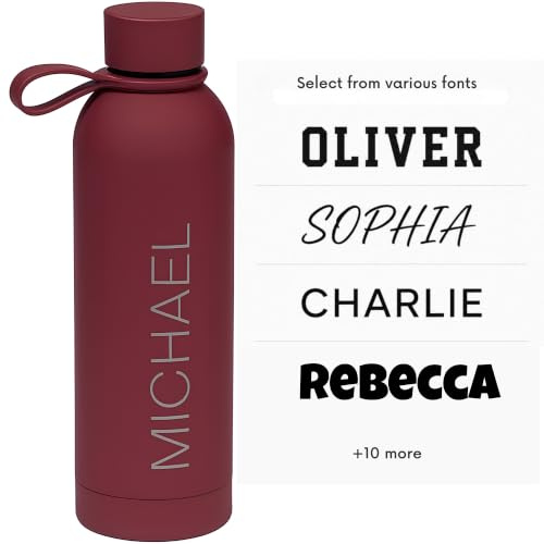 Engraved Personalised Water Bottle 500 ml (Burgundy) - 12 Hr Hot/24 Hr Cold Bottle | Luxury Engraved Insulated Stainless Steel Water Bottles, Vacuum Flask