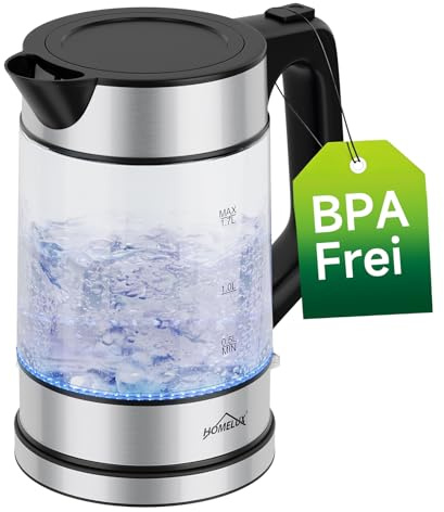 HOMELUX Wasserkocher Glas, 1,7L Teekocher Elektrisch, 2000W Electric Kettle | Wasserkocher Durchsichtig mit Skalenstriche, 360° Basis, LED-Beleuchtung, Automatische Stromabschaltung