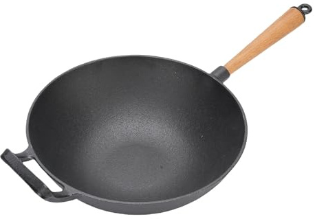Tissting Cast Iron Wok Pan, 30cm Multifunctional Stir Fry Pan with Wooden Handle for Induction, Gas, Electric Stovetop and Open Fire Camping Cooking