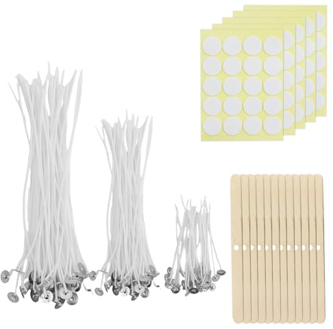 120 stoppini per candele, 10 cm/15 cm/20 cm, in cotone naturale, con stoppini in legno e strisce bifacciali per la produzione di candele