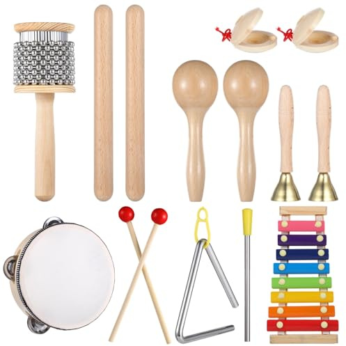 Skdqiee 8 Kinds Musical Instruments Set Wooden Hand Percussion Instruments, Xylophone, Tambourine, Triangle, Hand Bells, Cabasa