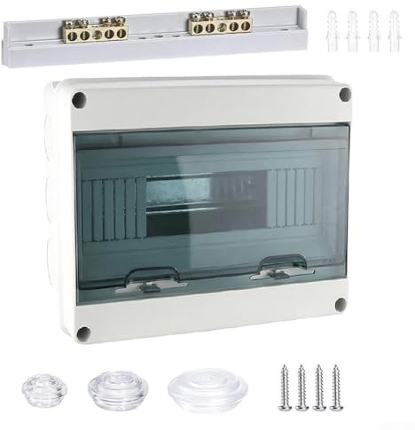 Montierter Elektrokasten, 12-Wege-Sicherungskasten für Haus und Garten, IP65-bewertet, Verteilerkasten mit Messingklemmen, HT-12-Wege, Grau (250 mm x 195 mm x 105 mm)