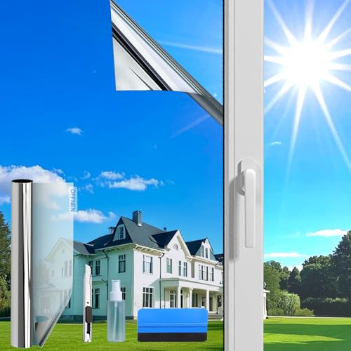 Evofensteere (100X400cm Silber) Fensterfolie Sonnenschutz Hitzeschutz innen oder außen | Rückstandslose Spiegelfolie Fenster Hitzeschutz | Sonnenschutzfolie | Selbstklebend UV Schutzfolie Fenster