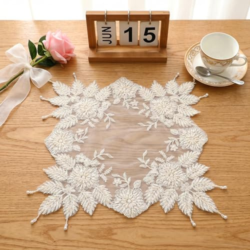 RAHHLIZS Vintage Crochet Doilies 40cm/15.75Inch Lace Doilies for Tables for Bedrooms Furniture White Lace Table Runner Crochet Cotton Desk Runner Dresser Cover Top (Beige)
