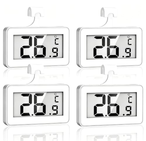 4 Pcs Fridge Temperature Thermometer, Fridge Thermometer Digital | Refrigerator Thermometer with Hanging Hook and Retractable Stand, Waterproof Fridge Freezer Thermometer with LCD Display