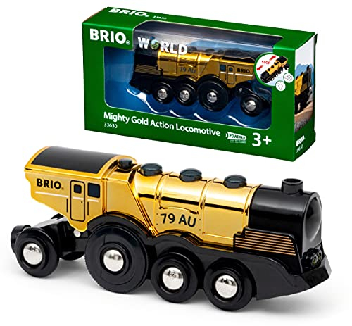 BRIO World Mighty Gold Action Locomotive Battery Powered Toy Train for Kids Age 3 Years Up - Wooden Railway Set Add On Accessories