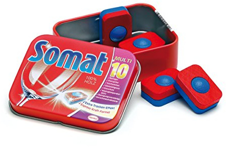 Erzi 21205 Geschirrspültabs Somat aus Holz in der Dose, Kaufladenartikel für Kinder, Rollenspiele