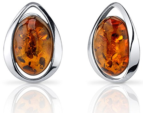 Peora Genuine Baltic Amber Earrings for Women 925 Sterling Silver, Solitaire Studs, Oval Shape, Rich Cognac Color, Friction Backs, Real Baltic Amber Earrings for Adults,