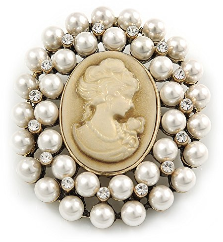 Broche camée d'inspiration victorienne en fausses perles ton or antique – 55 mm, taille unique, Pas de type de métal, Fausses perles. diamante