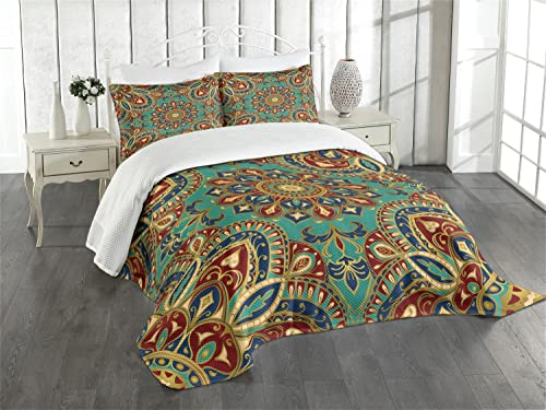 ABAKUHAUS Mandala Tagesdecke Set, Arabesque Oriental, Set mit Kissenbezügen Romantischer Stil, für Doppelbetten 220 x 220 cm, Grün Blau Rot