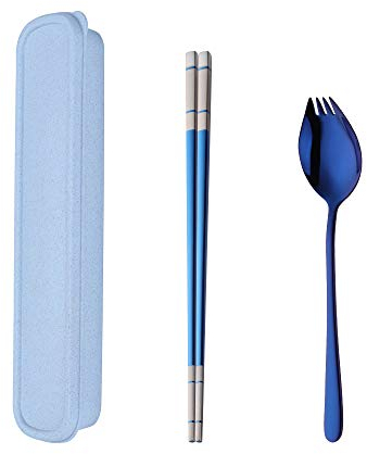 SBOMHS Edelstahl Leicht Campingbesteck Set blau 1 Person Reisebesteck für Outdoor Picknick 1 Göffel und 1 Paar Essstäbchen mit 1 blau Besteckkasten