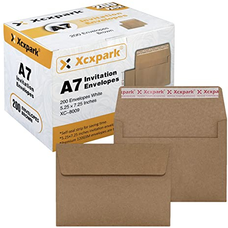 Xxcxpark 200 Qty Printable A7 Invitation Envelopes 5.25 x 7.25, Self Seal 120GSM Brown Kraft Paper Envelopes for Invitations, Papers, Photos, Documents, Wedding, Baby Shower, Easy to Seal