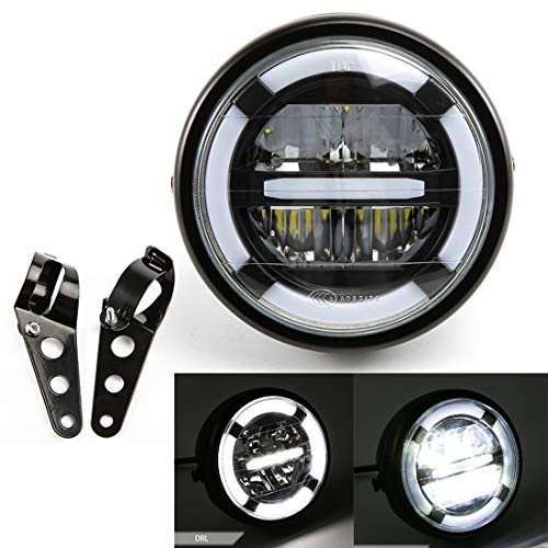 evomosa Gruppo faro per moto Fari a LED universali con luci di marcia diurna a luce bianca per Cafe Racer Bobber Chopper Fari anteriori