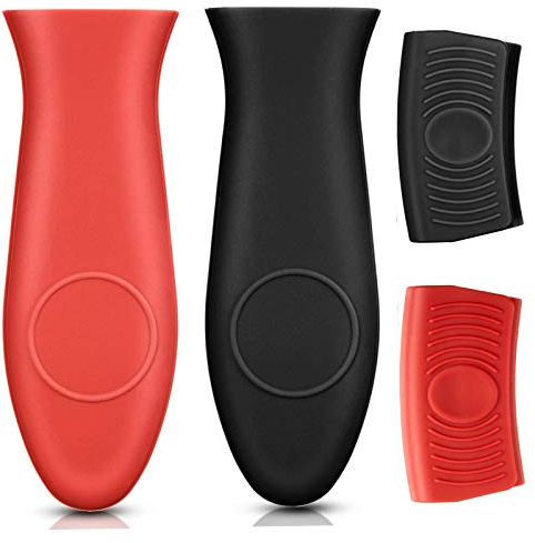 4 Piezas Soporte de Agarre Térmico de Silicona, Abrazadera de Agarre Térmico de Silicona y Soporte de Mango Auxiliar, Negro y Rojo, Anti Escaldaduras, Se Pueden Utilizar para Sartenes, Hornos