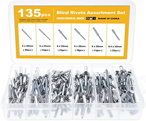 Knpwer Rivetti ciechi a testa bombata in alluminio, 135 pezzi, 6 misure, rivetti a punta chiusa, chiodi di fissaggio con estremità aperta, kit assortito di rivetti per estrazione