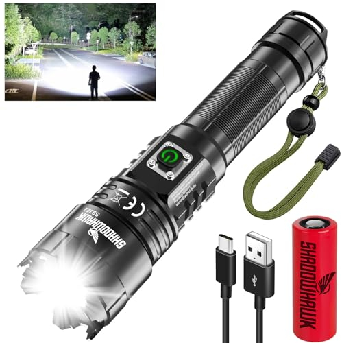 Shadowhawk Lampe Torche LED Ultra Puissante, 500000 Lumens Lampe de Poche Rechargeable, XHP70.2 Lampe Tactique, IP67 Étanche, 5 Modes USB Torche, pour Camping Randonnée Urgence