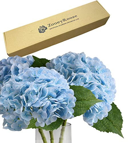 ZooeyRoose 3 pcs Light Blue Artificial Hydrangea Flowers 21 Lifelike Fake Large Real Touch Hydrangea Blue Flower for Wedding Decoration Bride Bouquet Floral Home Decor Table Centerpieces