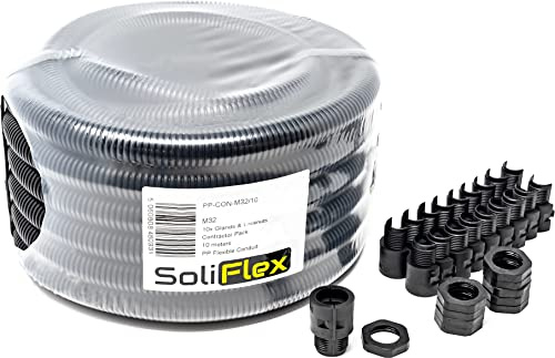 Gaine flexible d'extérieur IP40,Bobine de 10 m,Gaine souterraine, gaine extérieure, gaine électrique, gaine de tuyau de protection en polypropylène avec raccords,10 presse-étoupes et écrous (M32)