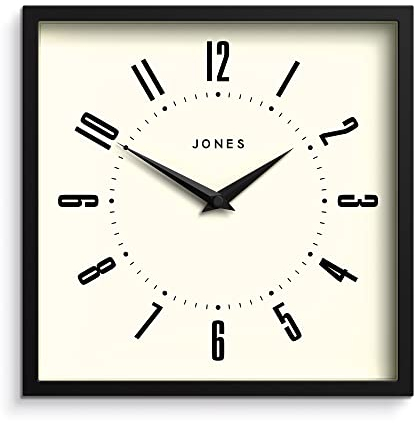 Jones Clocks® Box wall clock | Retro square | 25cm | Black | Easy to read numbers | Perfect kitchen or office clock