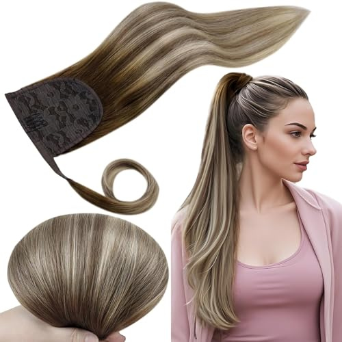 RUNATURE Pferdeschwanz Haarteil Balayage Braun Blond 40cm 80g #3/8/22 | Pferdeschwanz Extensions Ombre–hitzebeständig, langlebig, Remy Haar, doppelt gewebt. Atmungsaktiv, kein Verknoten, warm.