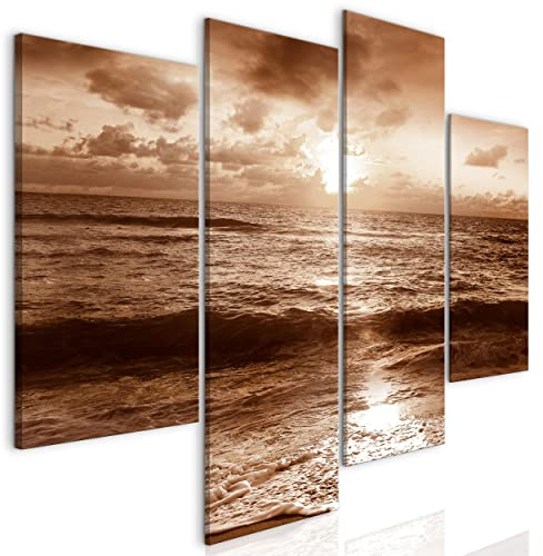 decomonkey Bilder Set Meer Sepia 126x98 cm 4 Teilig Leinwandbilder Bild auf Leinwand Vlies Wandbild Kunstdruck Wanddeko Wand Wohnzimmer Wanddekoration Deko Haus Natur Sonne Wolken Himmel Strand Braun